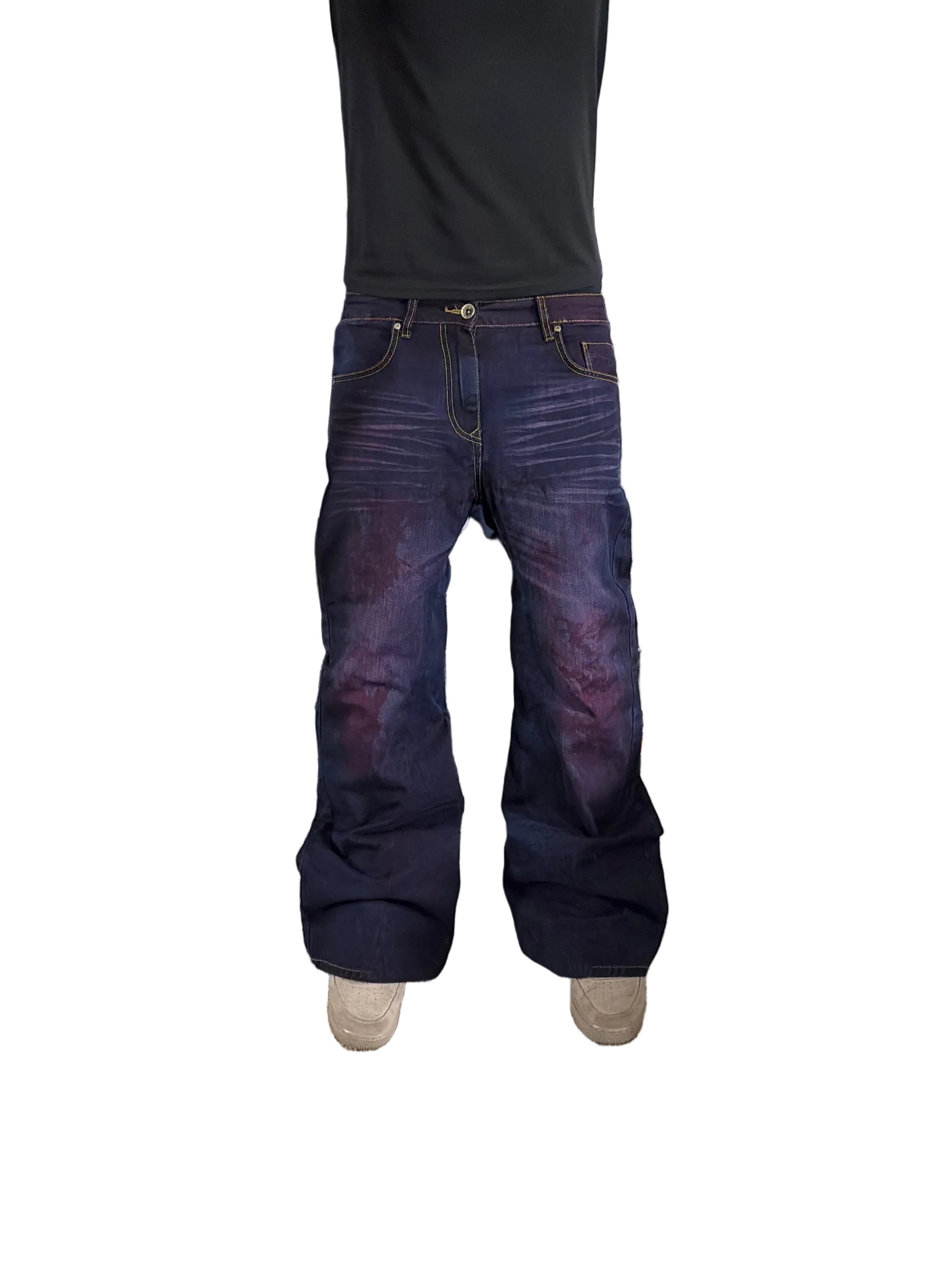 1of1 color purple baggy flared jeans. Size: 33x31