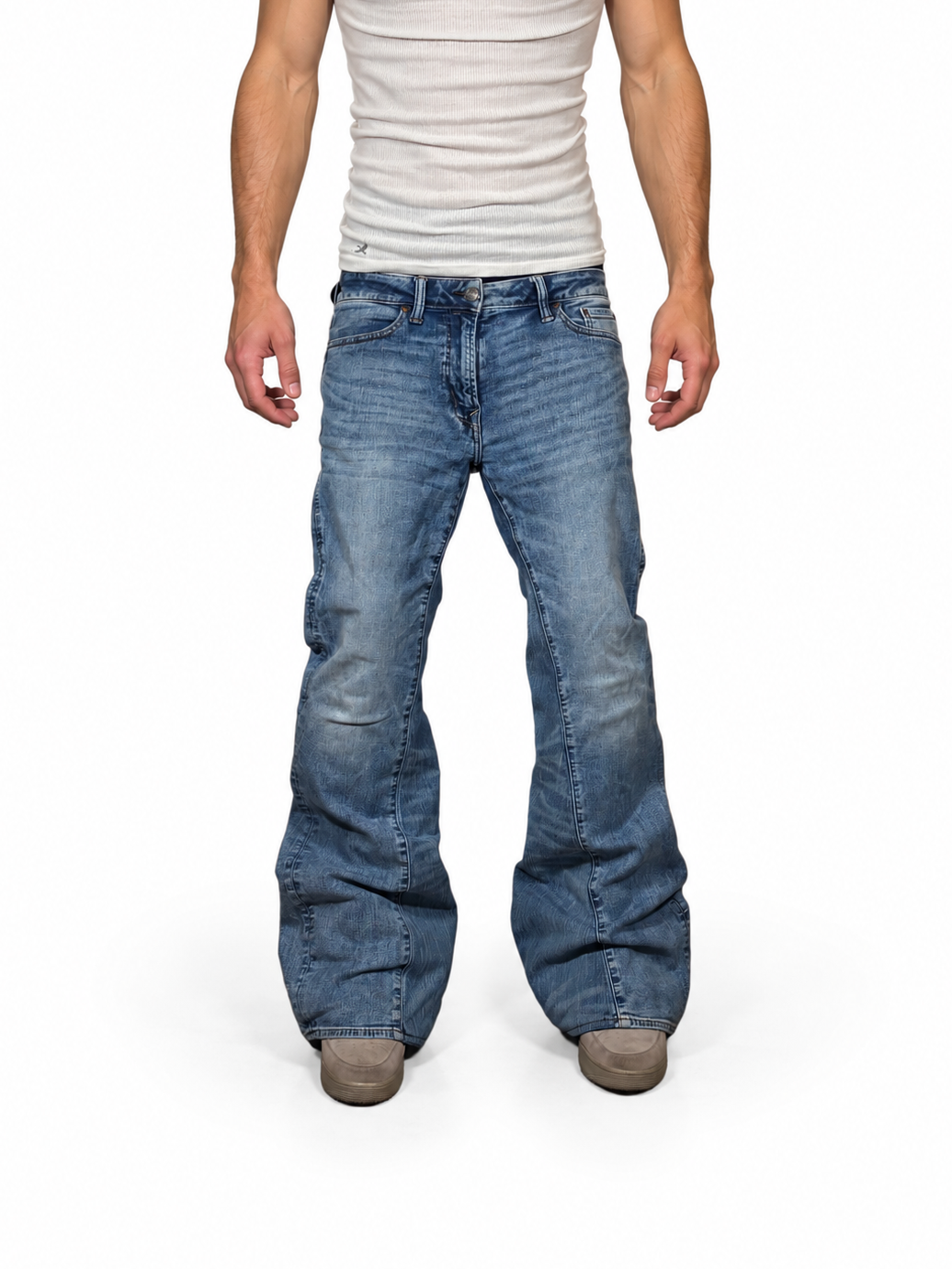 Blue stacked baggy bootcut jeans. Size: 30x34