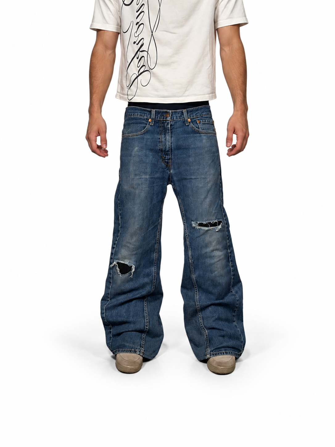 1of1 navy blue distressed jeans. Size: 34x32